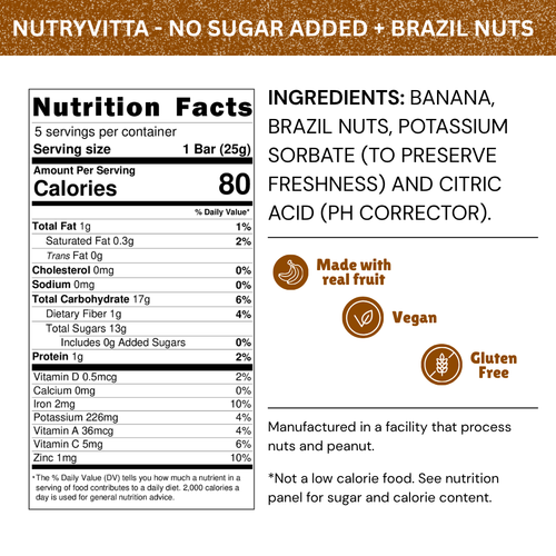 Nutryvitta No Sugar Added Banana Fruit Bars with Brazil Nuts – Vegan, Gluten-Free, Brazilian Bananinha, 5-Pack