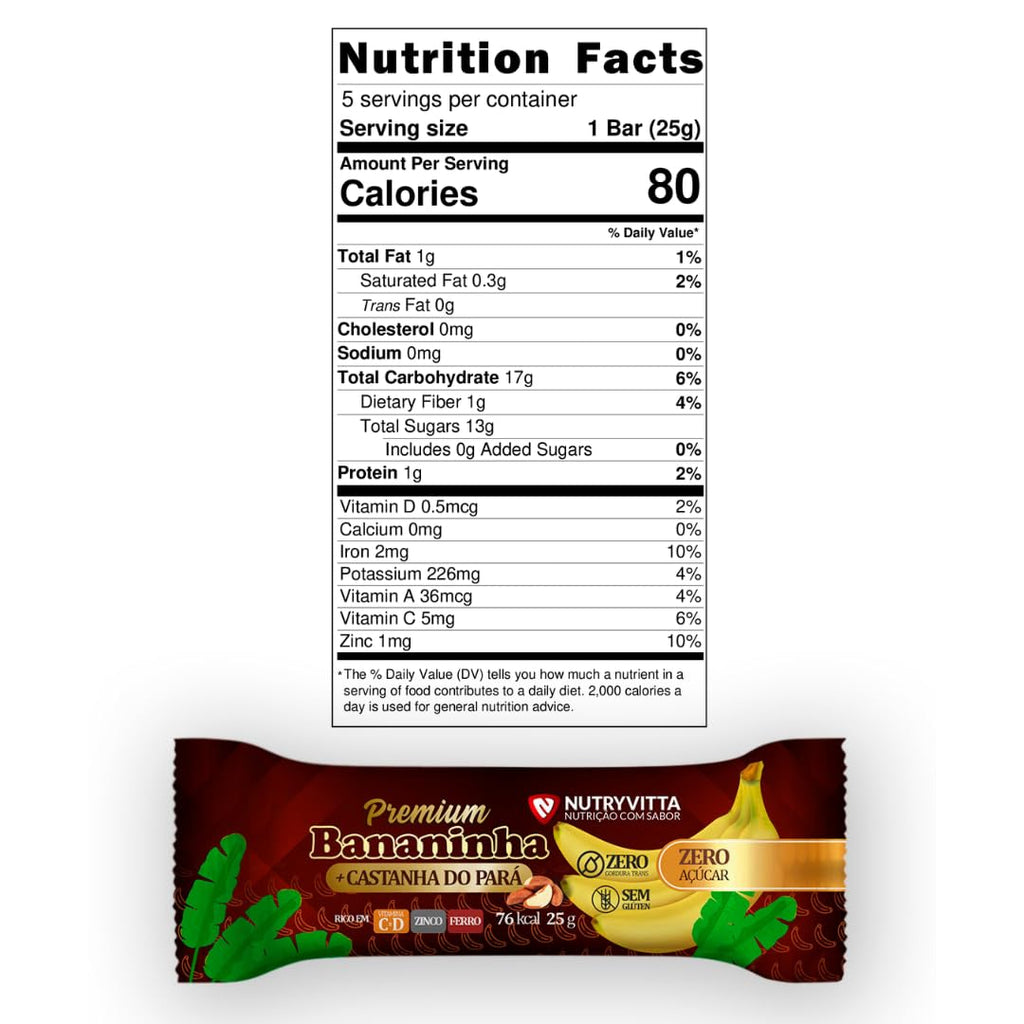 Nutryvitta No Sugar Added Banana Fruit Bars with Brazil Nuts – Vegan, Gluten-Free, Brazilian Bananinha, 5-Pack