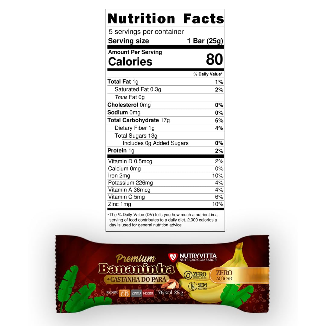 Nutryvitta No Sugar Added Banana Fruit Bars with Brazil Nuts – Vegan, Gluten-Free, Brazilian Bananinha, 5-Pack